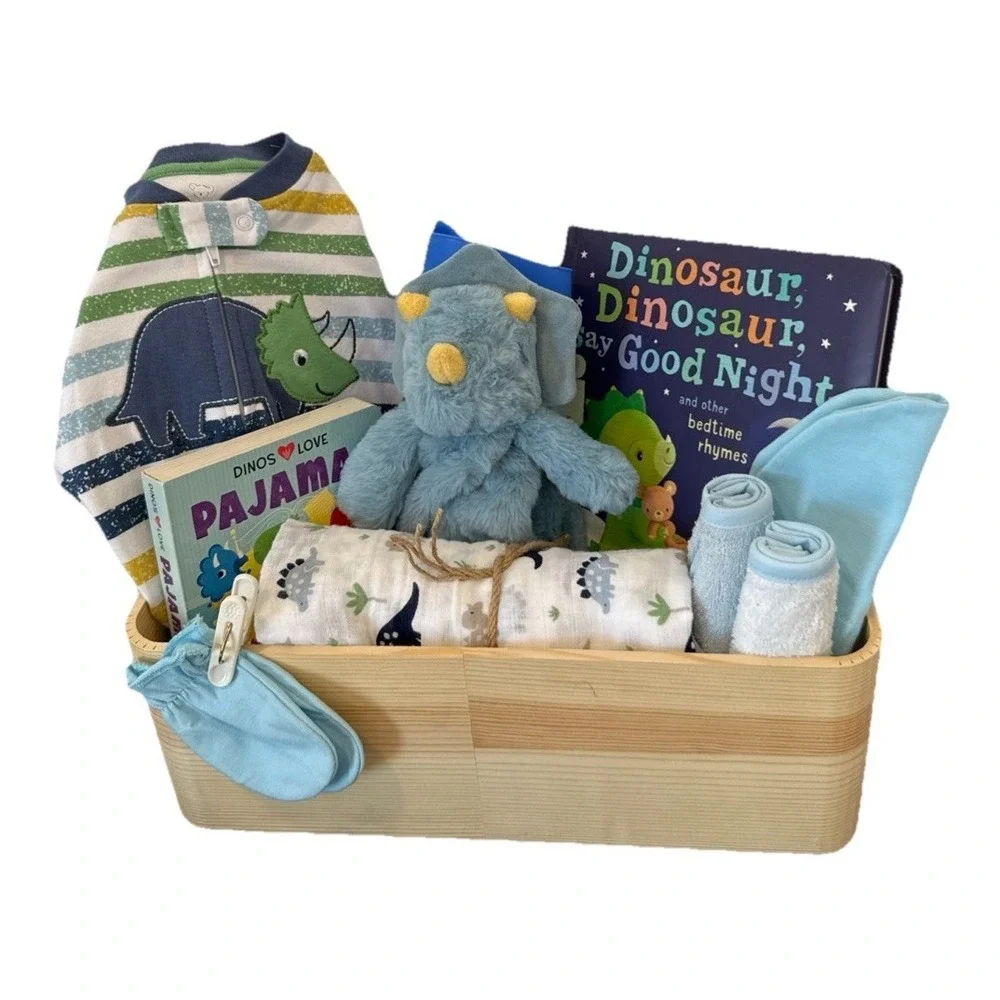 Baby Boy Shower Dinosaur Themed Gift Basket, Blanket, Plush, Books Clothes Etc.